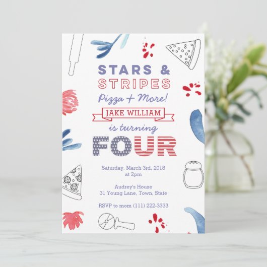 アメリカのピザパーティーの男の子または女の子4th誕生日 招待状 (スタンド正面)
