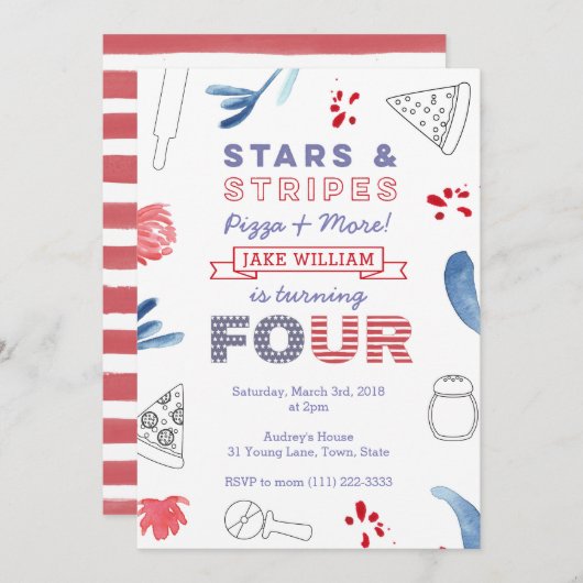 アメリカのピザパーティーの男の子または女の子4th誕生日 招待状 (正面/裏面)