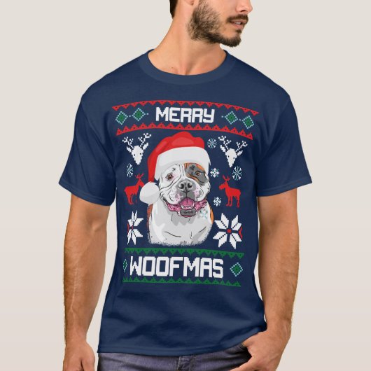 アメリカのブルドッグのメリーなWoofmasのクリスマスのTシャツ Tシャツ (正面)