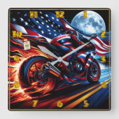 アメリカのプライドで高速道路を燃え立つライダー スクエア壁時計 (正面)