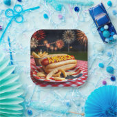 アメリカのホットドッグ文字と花火 ペーパープレート (パーティー)