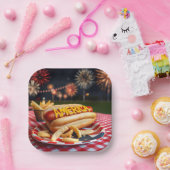 アメリカのホットドッグ文字と花火 ペーパープレート (パーティー)