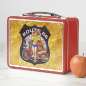 アメリカのルート66オートバイ、金ゴールドテクスチャ メタルランチボックス (インサイチュ)