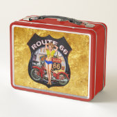 アメリカのルート66オートバイ、金ゴールドテクスチャ メタルランチボックス (裏面)