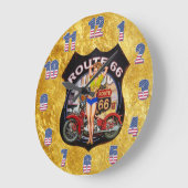 アメリカのルート66オートバイ、金ゴールドテクスチャ ラージ壁時計 (傾斜)