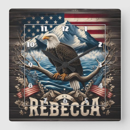 アメリカのワシが山に囲まれている スクエア壁時計 (正面)