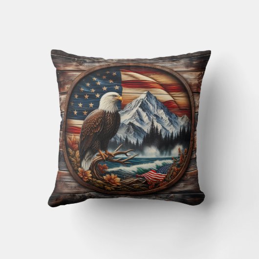 アメリカのワシが山間部の近くに止まった クッション (裏面)