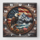 アメリカのワシが山間部の近くに止まった スクエア壁時計 (正面)
