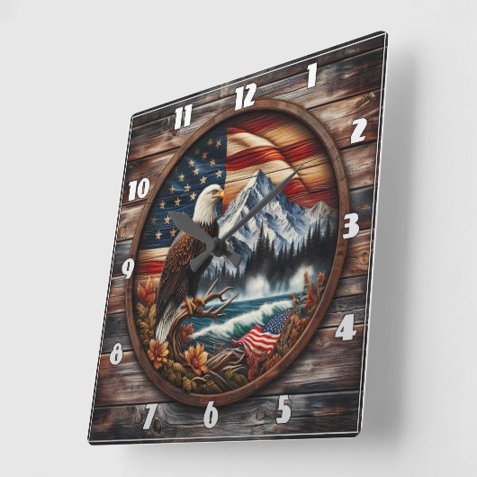 アメリカのワシが山間部の近くに止まった スクエア壁時計 (傾斜)