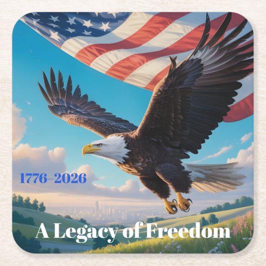 アメリカの伝統 ハクトウワシと国旗 250周年記念 スクエアペーパーコースター (正面)