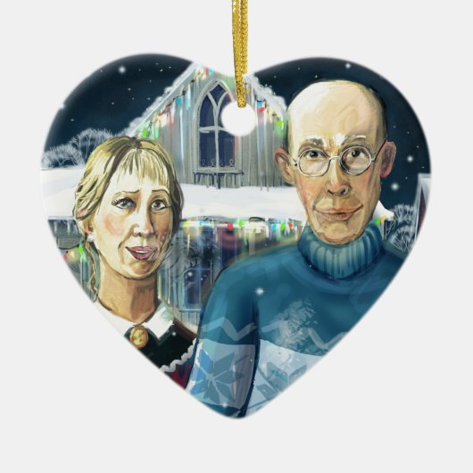 アメリカの冬-グラント・ウッドのパロディ セラミックオーナメント (正面)