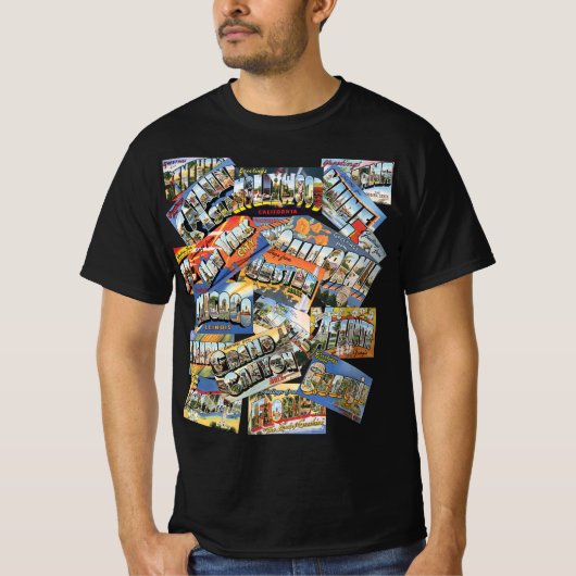 アメリカの各地からのヴィンテージの葉書を集めたコラージュ Tシャツ (正面)