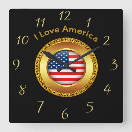 アメリカの国旗で金ゴールド枠 スクエア壁時計 (正面)