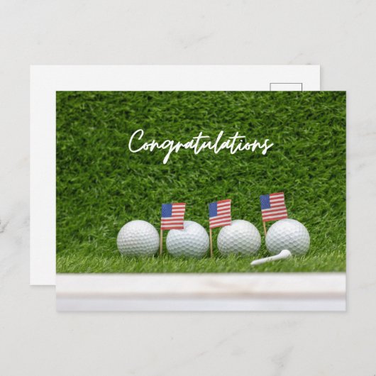 アメリカの国旗とゴルフ おめでとう ポストカード (正面/裏面)