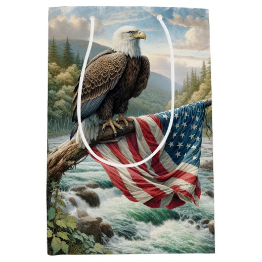 アメリカの国旗とハゲワシの誕生日 ミディアムペーパーバッグ (正面)