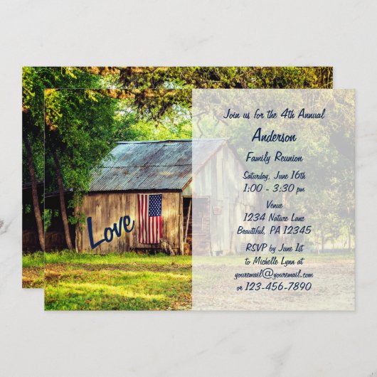 アメリカの国旗と家族の愛がテーマのカントリー調のバーン 招待状 (正面/裏面)