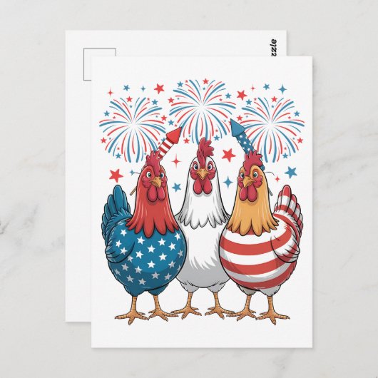 アメリカの国旗をモチーフにした愛国的な七月四日用のニワトリ ポストカード (正面/裏面)