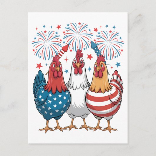 アメリカの国旗をモチーフにした愛国的な七月四日用のニワトリ ポストカード (正面)