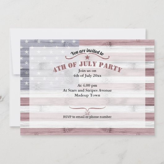 アメリカの国旗 赤 白 青 木製 7月4日 招待状 (正面)