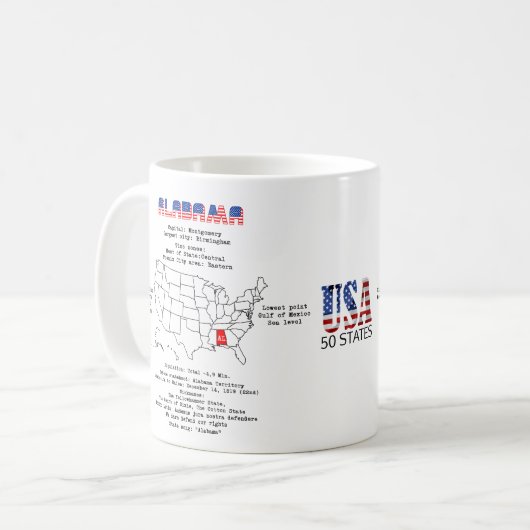 アメリカの地図上で赤く示されたアラバマ州とその有用な情報 コーヒーマグカップ (正面左)