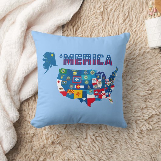 アメリカの地図及び州の旗の枕 クッション (ブランケット)