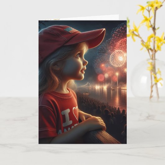 アメリカの小さな女の子観賞花火 カード (黄色い花)