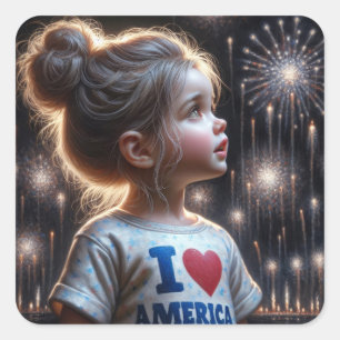 アメリカの少女が花火を見る スクエアシール