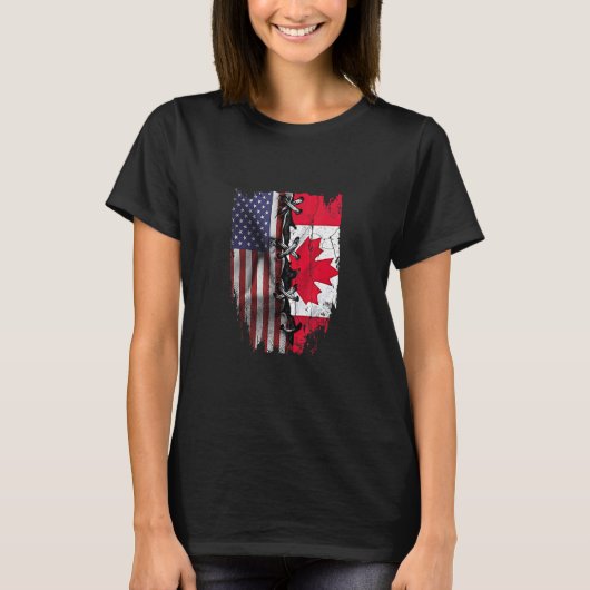 アメリカの成長したカナダのルーツUSAカナダ国旗 Tシャツ (正面)