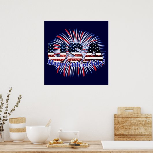 アメリカの文字フラグがキラキラと花火とともに Happy 4th of July ポスター (キッチン)