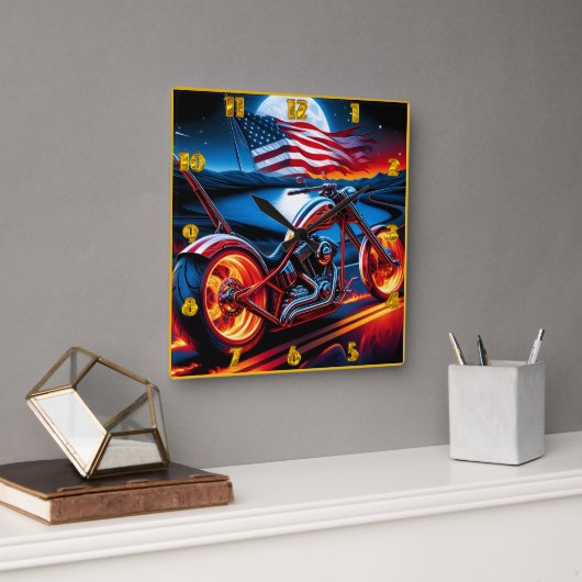 アメリカの旗で月の下にバイクで乗る スクエア壁時計 (オフィス)