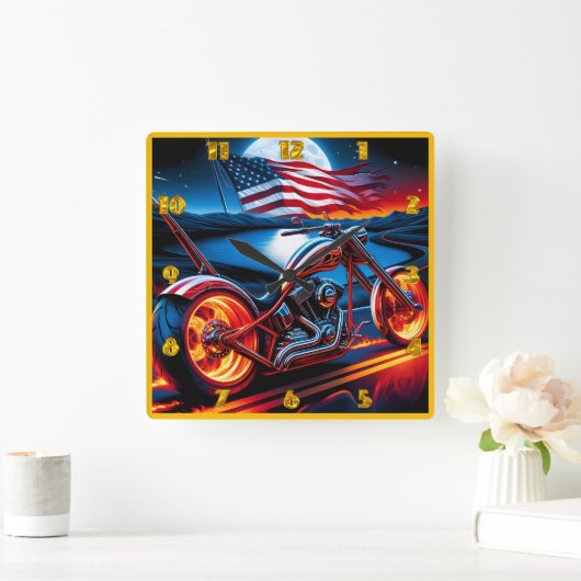 アメリカの旗で月の下にバイクで乗る スクエア壁時計 (ホーム)