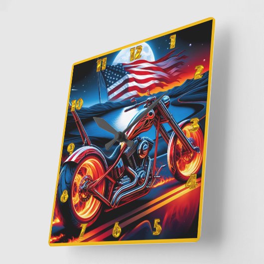 アメリカの旗で月の下にバイクで乗る スクエア壁時計 (傾斜)