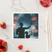 アメリカの旗とパパを持つ少年と花火 スタンダードカクテルナプキン (インサイチュ)