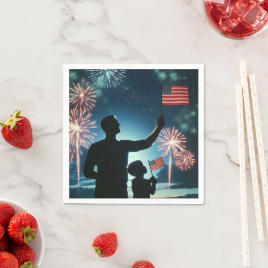 アメリカの旗とパパを持つ少年と花火 スタンダードカクテルナプキン (インサイチュ)
