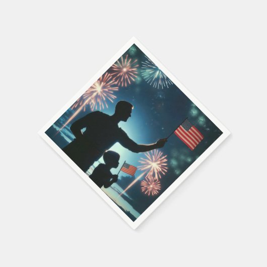 アメリカの旗とパパを持つ少年と花火 スタンダードカクテルナプキン (角)