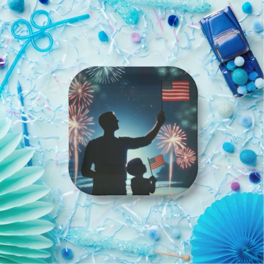 アメリカの旗とパパを持つ少年と花火 ペーパープレート (パーティー)