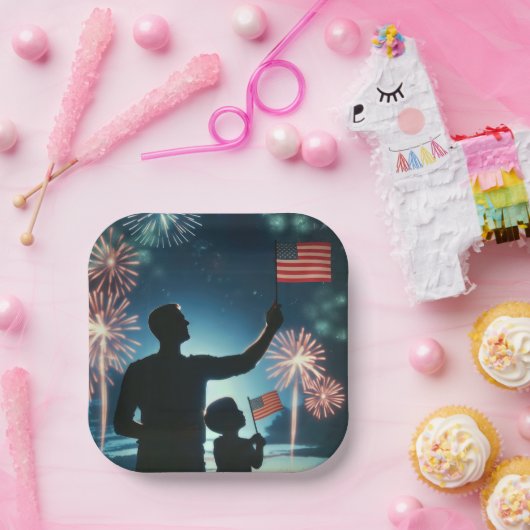 アメリカの旗とパパを持つ少年と花火 ペーパープレート (パーティー)