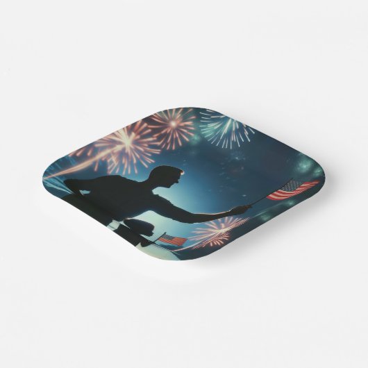 アメリカの旗とパパを持つ少年と花火 ペーパープレート (傾斜あり)