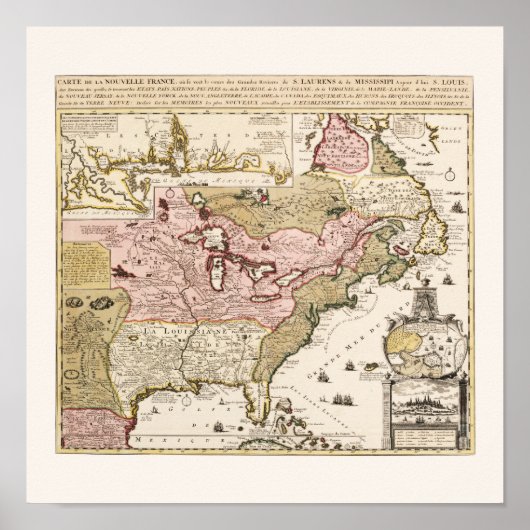 アメリカの旧フランス領植民地地図 北米ケベック ポスター (正面)