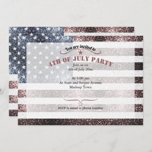 アメリカの星条旗 赤白青のスパークル 4th of July 招待状 (正面/裏面)