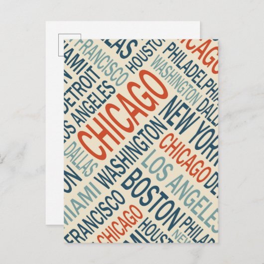 アメリカの有名都市をデザインしたヴィンテージスタイルのワードクラウド ポストカード (正面/裏面)