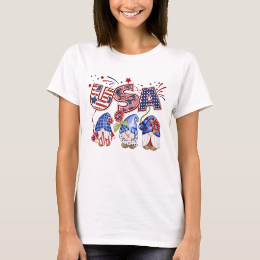 アメリカの水彩画の小人 7月4日 愛国心あふれるTシャツ Tシャツ (正面)