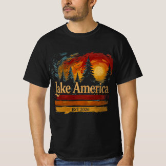 アメリカの湖のビンテージサンセット メンズ レディース Tシャツ