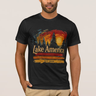 アメリカの湖のビンテージサンセット メンズ レディース Tシャツ