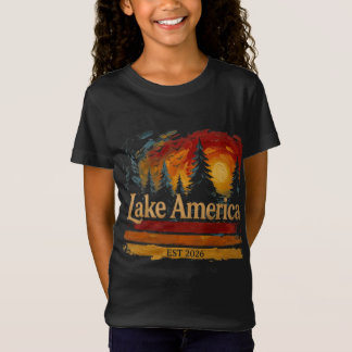 アメリカの湖のビンテージサンセット メンズ レディース Tシャツ