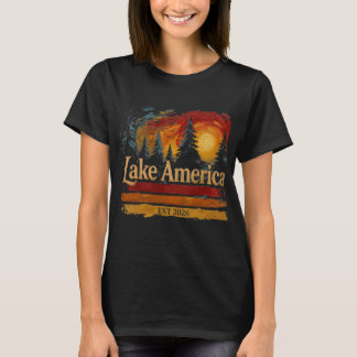 アメリカの湖のビンテージサンセット メンズ レディース Tシャツ