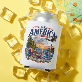 アメリカの湖の夕日愛国ワシ 缶クーラー