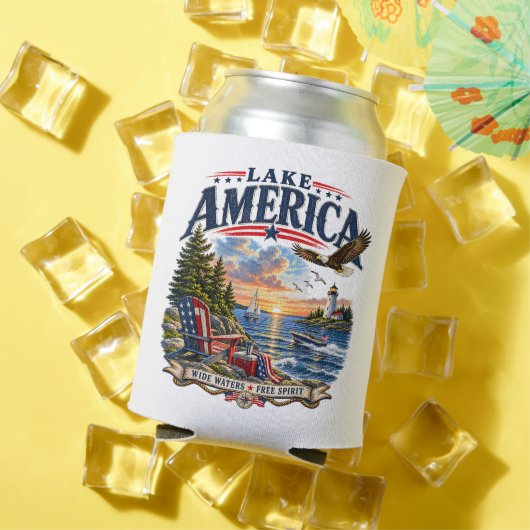アメリカの湖の夕日愛国ワシ 缶クーラー (インサイチュ 夏)