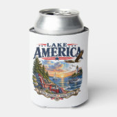 アメリカの湖の夕日愛国ワシ 缶クーラー (缶正面)