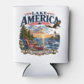 アメリカの湖の夕日愛国ワシ 缶クーラー (正面)